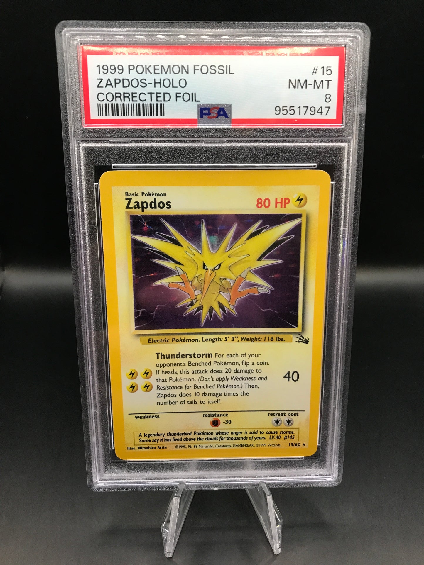 PSA 8 Pokémon TCG: 1999 Zapdos 15/62 Fossil Corrected Foil Holo