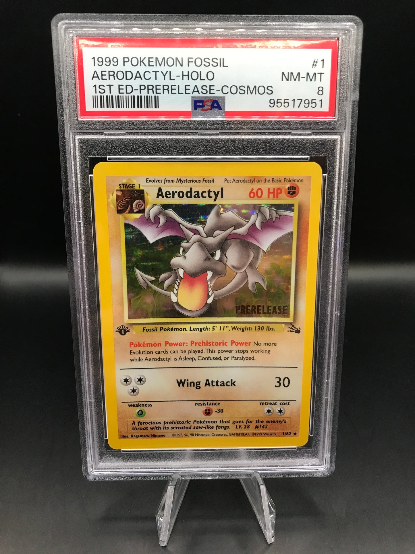 PSA 8 Pokémon TCG: 1999 1st Edition Aerodactyl 1/62 Fossil Prerelease Stamped Holo